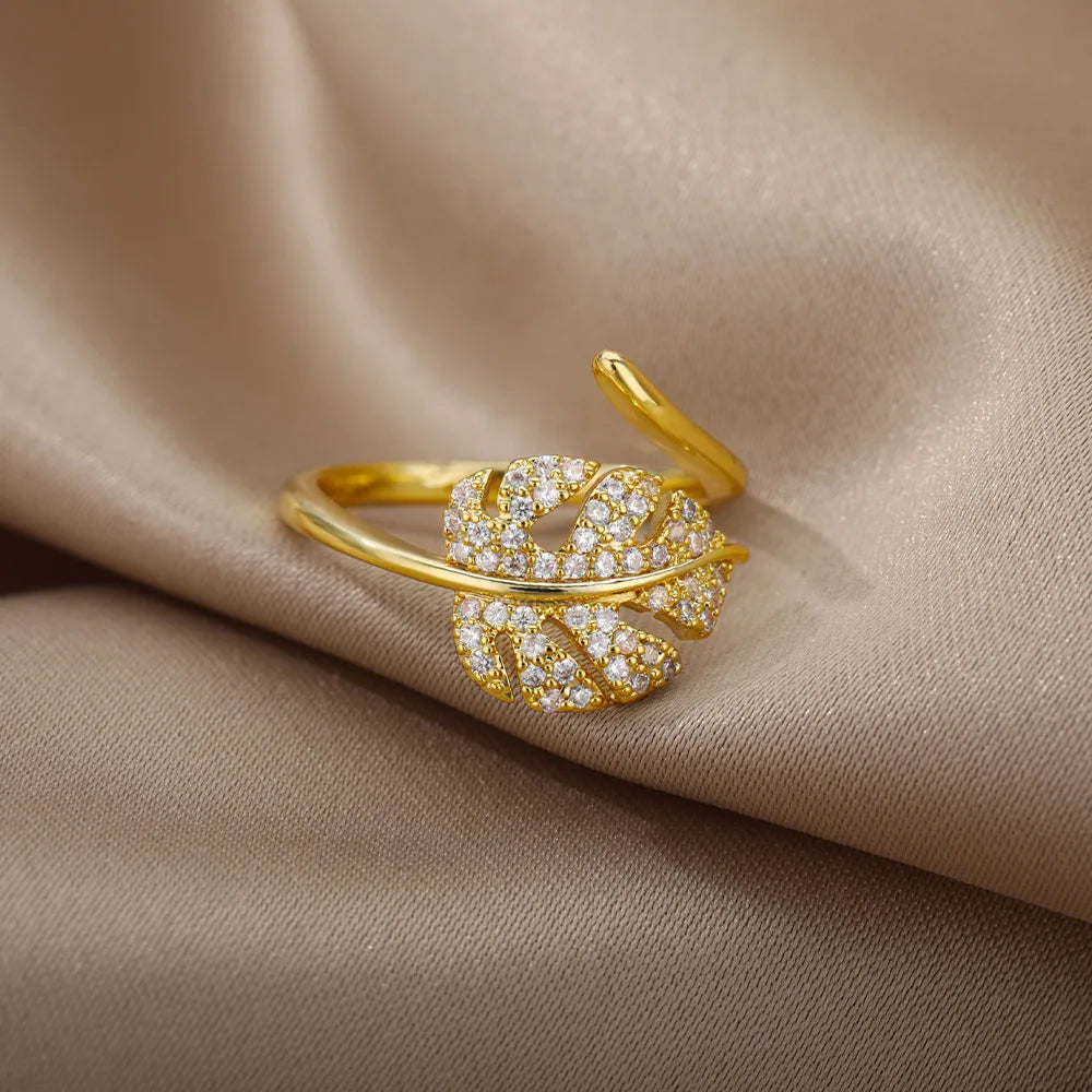 Gold Palm Leaf Adjustable Ring with Zircon Accents