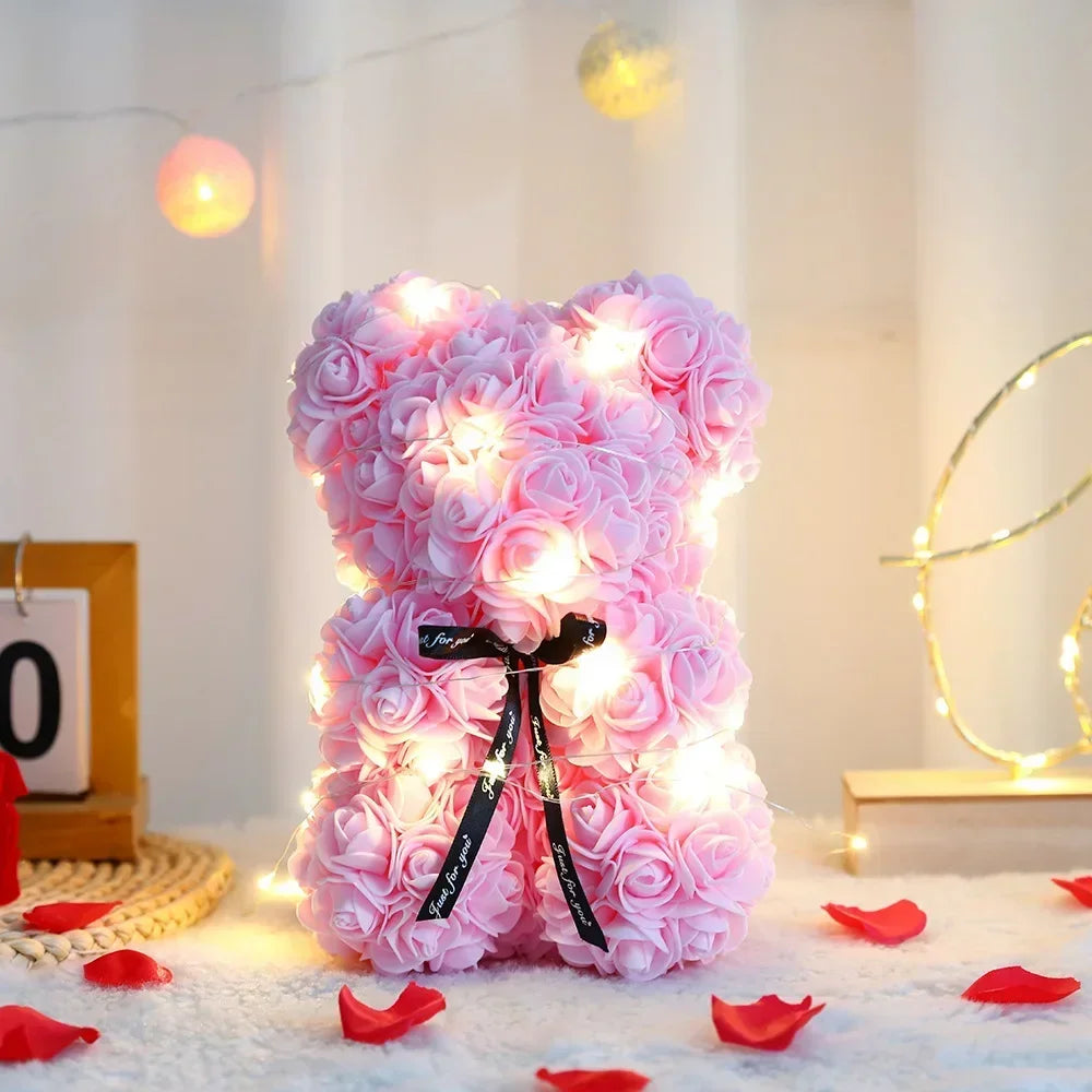 25cm Eternal Rose Flower Bear with Box - Romantic Gift for Valentine's Day, Birthday, or Wedding