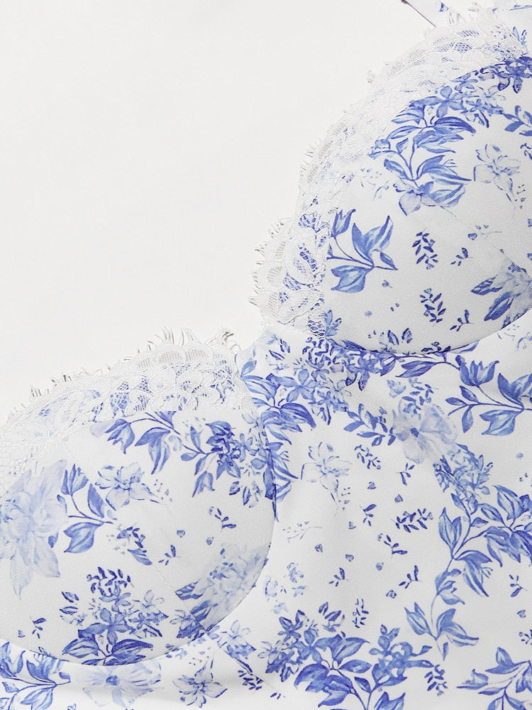 Blue Floral Print Bustier Strap Slit Midi Dress