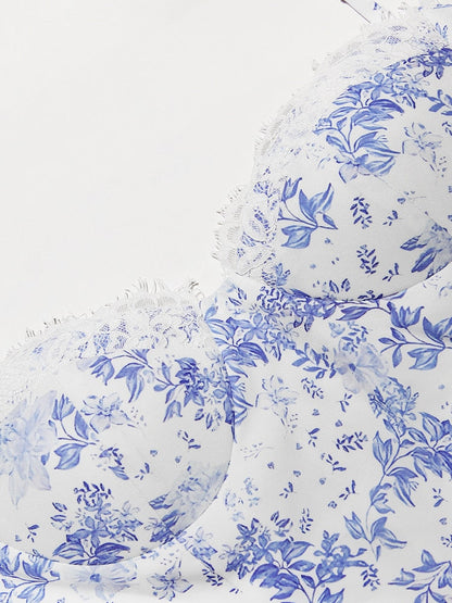 Blue Floral Print Bustier Strap Slit Midi Dress