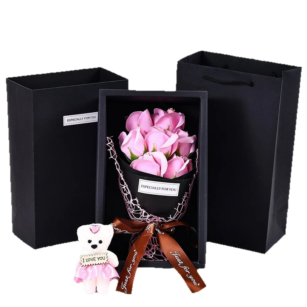7-Head Rose Bouquet with Little Bear Gift Box Handmade Artificial Flowers for Valentine's Day and Special Occasions