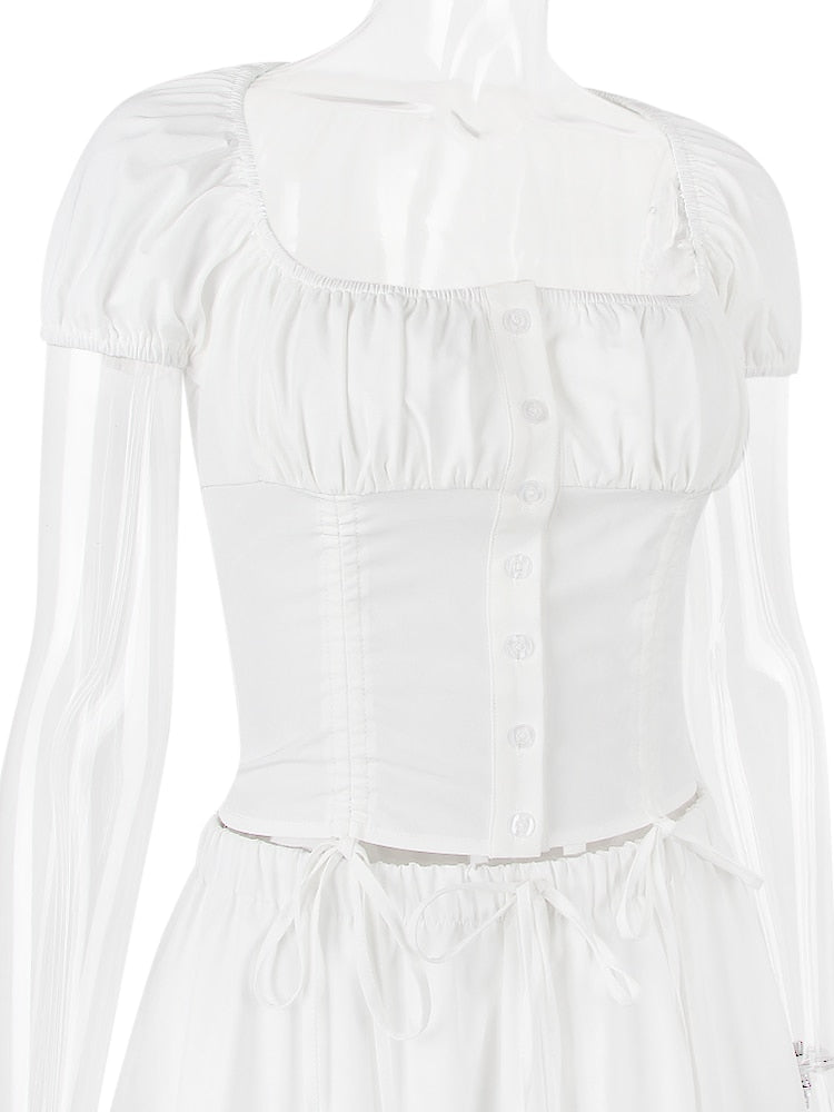 White Buttoned Drawstring Crop Top and Midi Skirt Two Piece Set