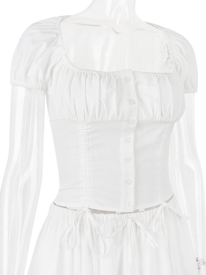 White Buttoned Drawstring Crop Top and Midi Skirt Two Piece Set