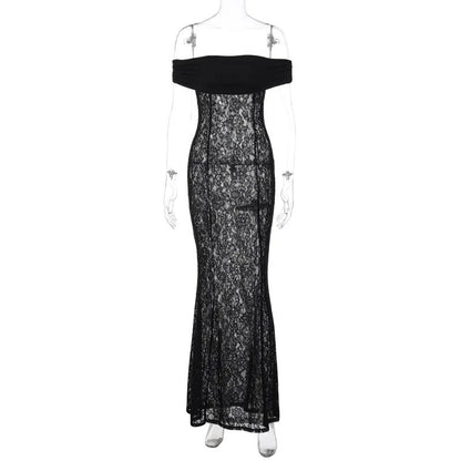 Black Sheer Lace Off Shoulder Maxi Dress