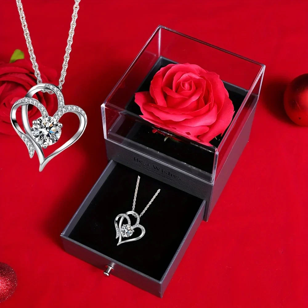 Preserved Rose Gift Box with Heart Necklace for Special Occasions