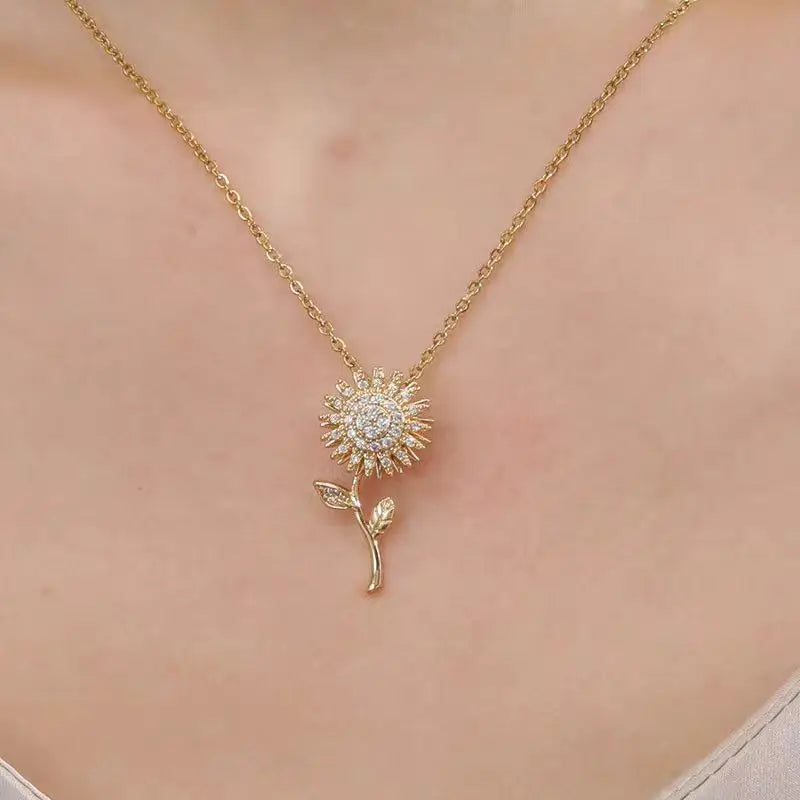 Double Layer Rotating Sunflower Stainless Steel Necklace