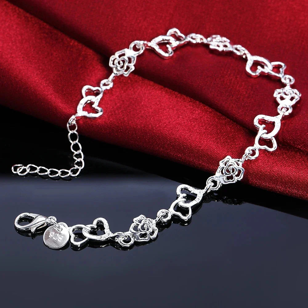 Romantic Heart Flower 925 Sterling Silver Bracelet