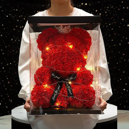 25cm Eternal Rose Flower Bear with Box - Romantic Gift for Valentine's Day, Birthday, or Wedding