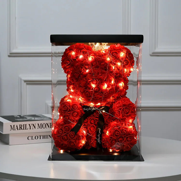 Eternal Rose Teddy Bear 25cm with Gift Box and Warm Lights