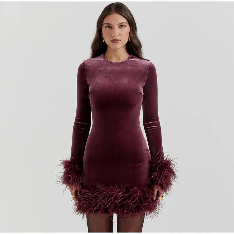 Velvet Long Sleeve Fur Trim Mini Dress