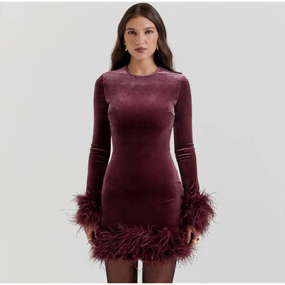 Velvet Long Sleeve Fur Trim Mini Dress