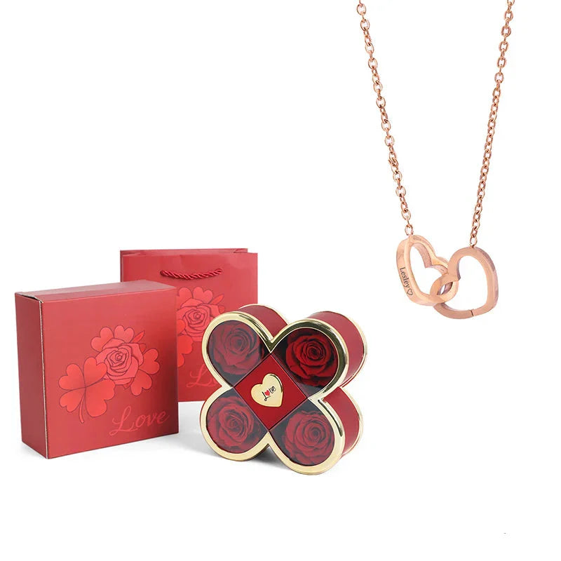 4-Leaf Clover Eternal Rose Jewelry Box with Necklace Gift
