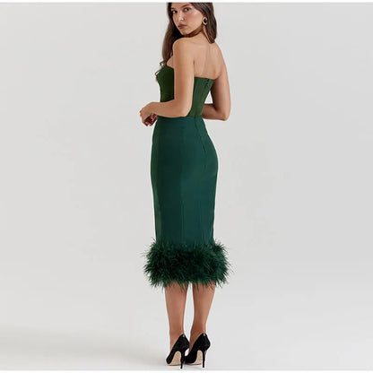 Corset Tube Fur Trim Bodycon Midi Dress