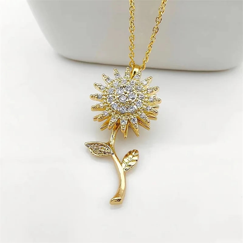 Double Layer Rotating Sunflower Stainless Steel Necklace