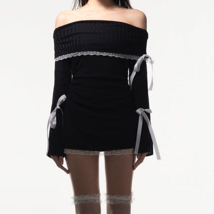 Black Long Sleeve Off-shoulder Bow Mini Dress