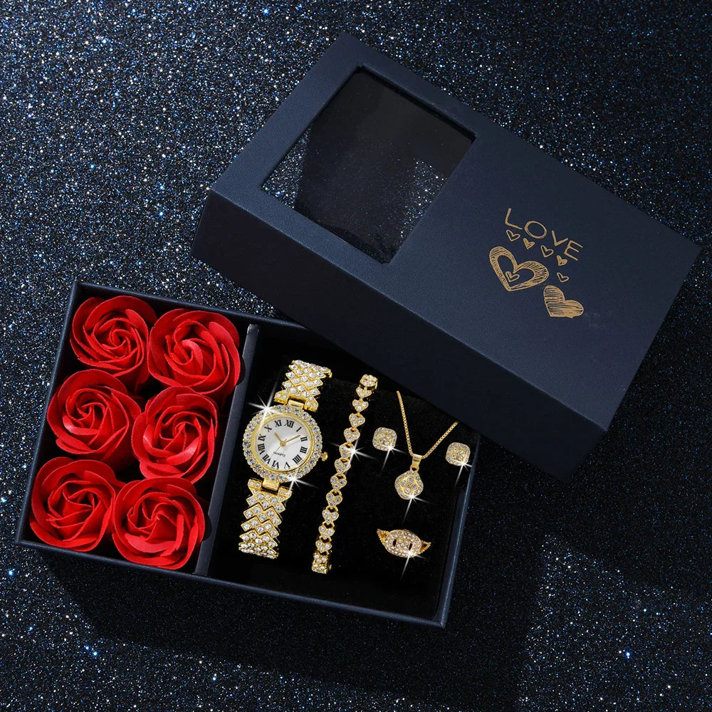 Gold Quartz Watch Jewelry Set for Women