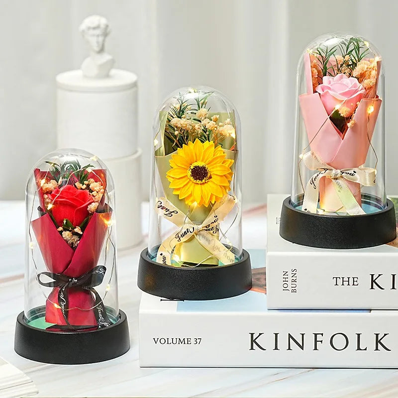 Everlasting Rose LED Glass Dome Bouquet Romantic Decorative Ornament for Valentine's Day and Home