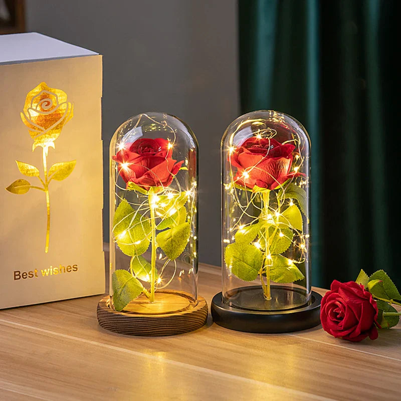 Eternal Rose in Glass Dome with LED Light - Romantic Gift for Valentine's Day, Christmas, or Birthday