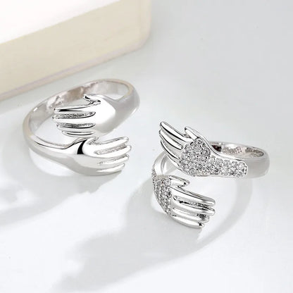 Adjustable Hug Hands Couple Ring in Silver Tone