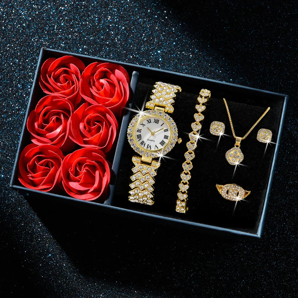 Gold Quartz Watch Jewelry Set for Women
