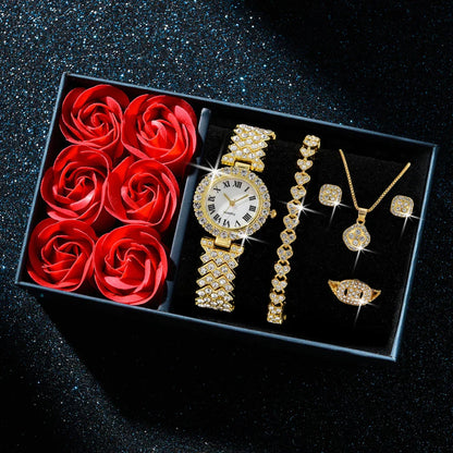Gold Quartz Watch Jewelry Set for Women
