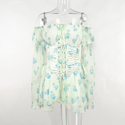 Floral Print Mesh Off Shoulder Long Sleeve Mini Dress With Corset