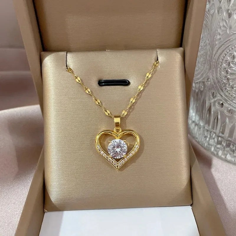 Golden Heart Pendant Necklace with Zircon Accent