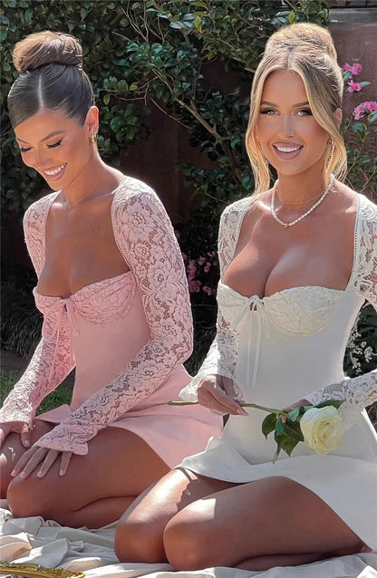 Lace Sheer Long Sleeve Mini Dresses