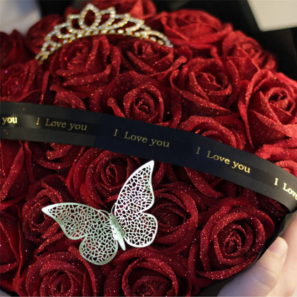 Glitter Artificial Red Rose Bouquet Eternal Silk Roses for Valentine's Day and Birthday Gifts