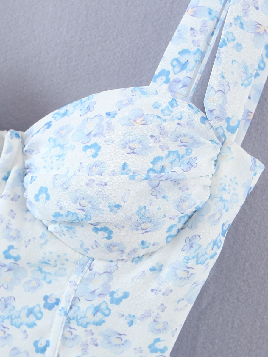 Blue Floral Bustier Tie Up Frill Mini Dress