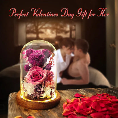 Eternal Preserved Rose Teddy Bear Gift Box with Lights