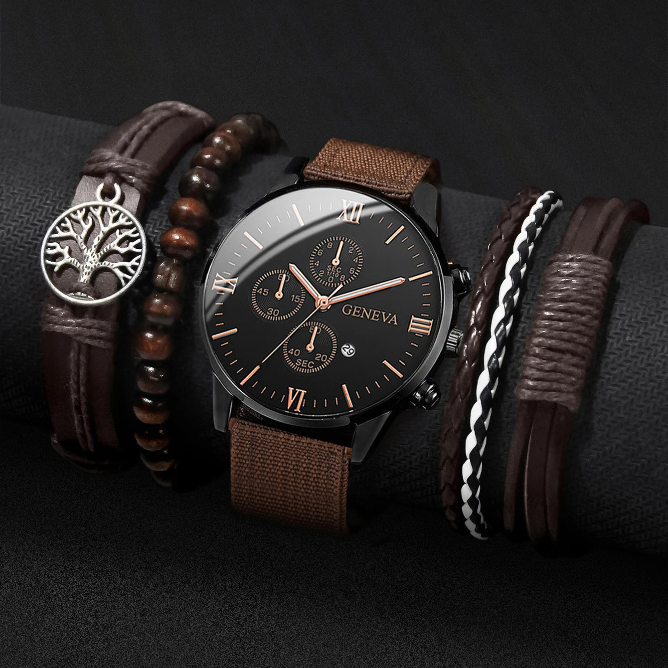 Men's Quartz Watch and Bracelet Set 4 or 5 Pieces