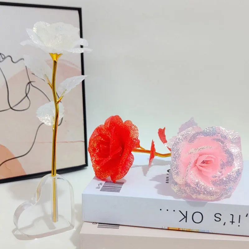 Foil Plated Rose Gold Rose Artificial Flowers Gift Set