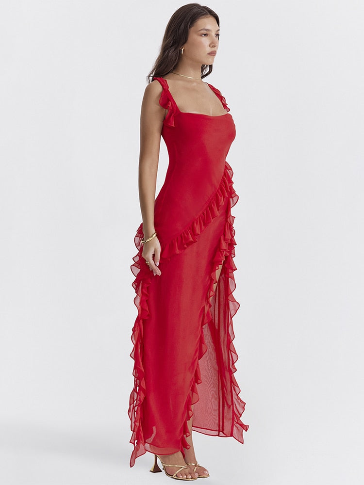 Red Ruffle Split Maxi Dress