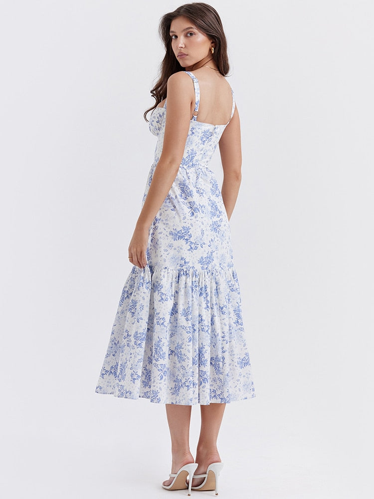Floral Print Bustier Strap With Pocket Midi Dress