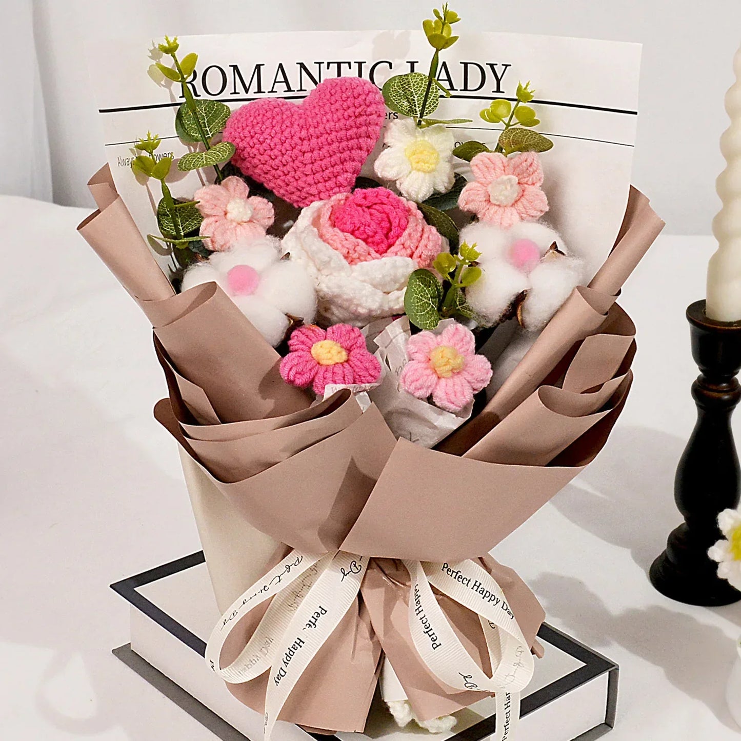 Handmade Crochet Pink and Purple Rose Bouquet Knitted Artificial Flowers Gift for Girlfriend