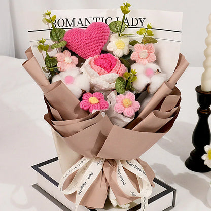 Handmade Crochet Pink and Purple Rose Bouquet Knitted Artificial Flowers Gift for Girlfriend