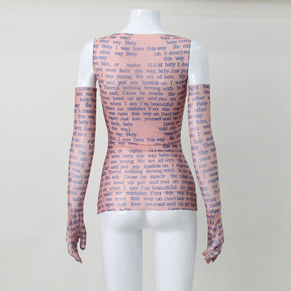 Mesh Letter Print Sleeveless Top With Gloves