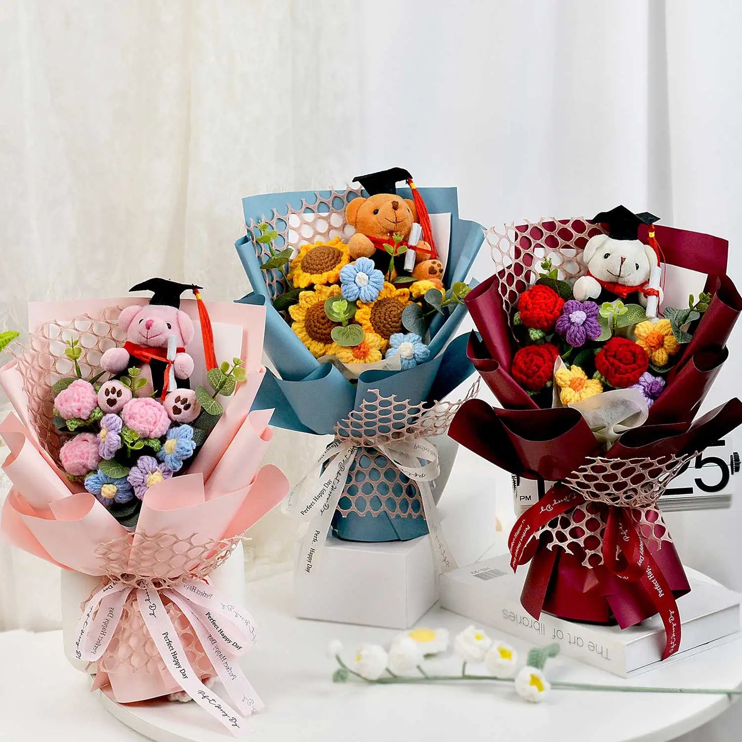 Handmade Crochet Flower Bouquet with Sunflower, Rose, and Bear - Gift for Graduation, Birthday, or Christmas