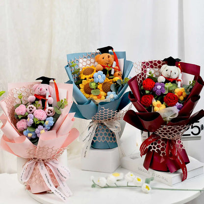 Handmade Crochet Flower Bouquet with Sunflower, Rose, and Bear - Gift for Graduation, Birthday, or Christmas
