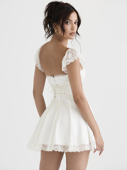 Lace Trim Square Neck Frill Mini Dress