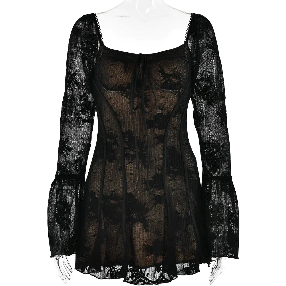 Long Sleeve Lace Square Neck Mini Dress