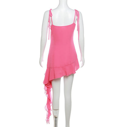 Pink Irregular Ruffle Tie-Up Strap Mini Dress