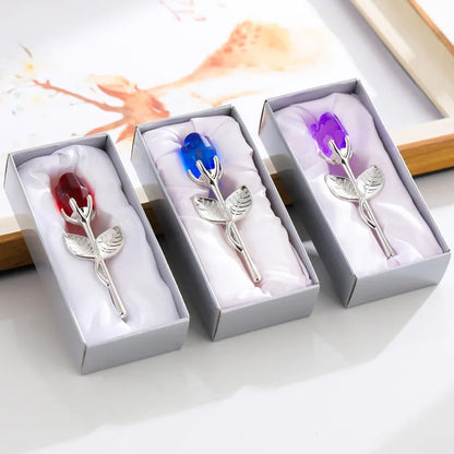 Crystal Glass Rose with Silver or Gold Rod - Romantic Gift