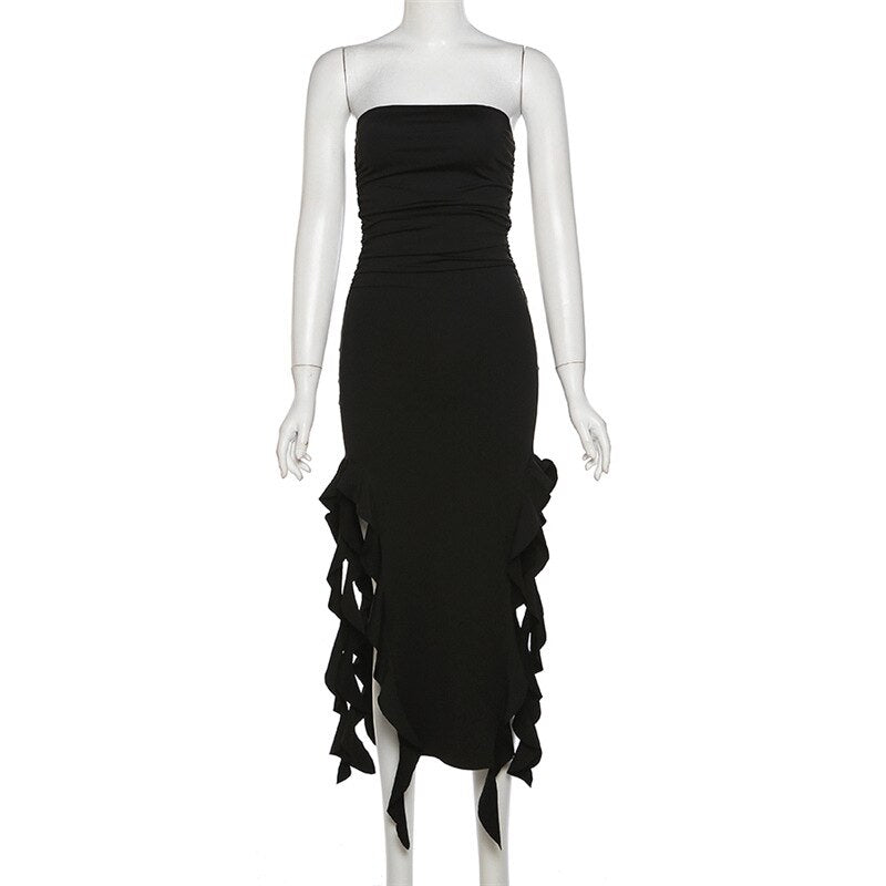 Ruffle Fringe Double Slit Tube Midi Dress