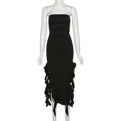 Ruffle Fringe Double Slit Tube Midi Dress