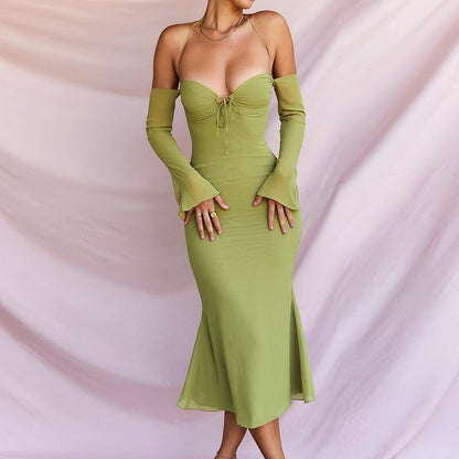 Halter Off Shoulder Long Sleeve Midi Dresses