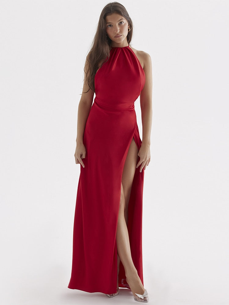 Satin Backless Halter Maxi Dress