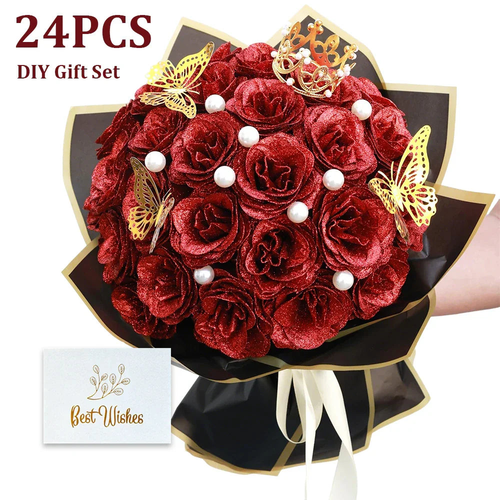 Glitter Artificial Rose Bouquet for Gifts and Decoration