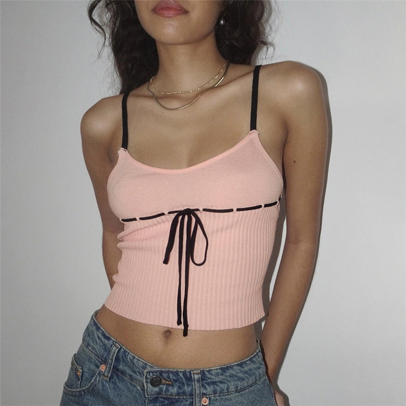 Pink Ribbed Lace Up Top